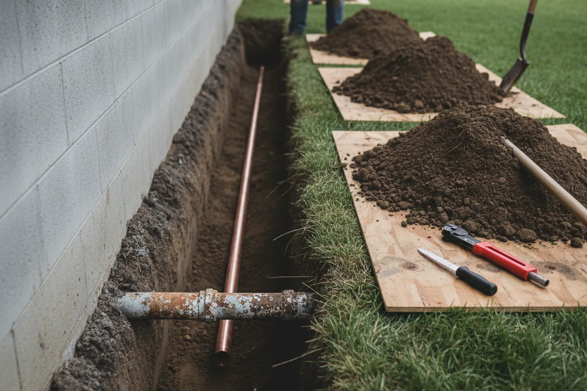 Excavated water line trench during Sewer Line Repair in Burnsville